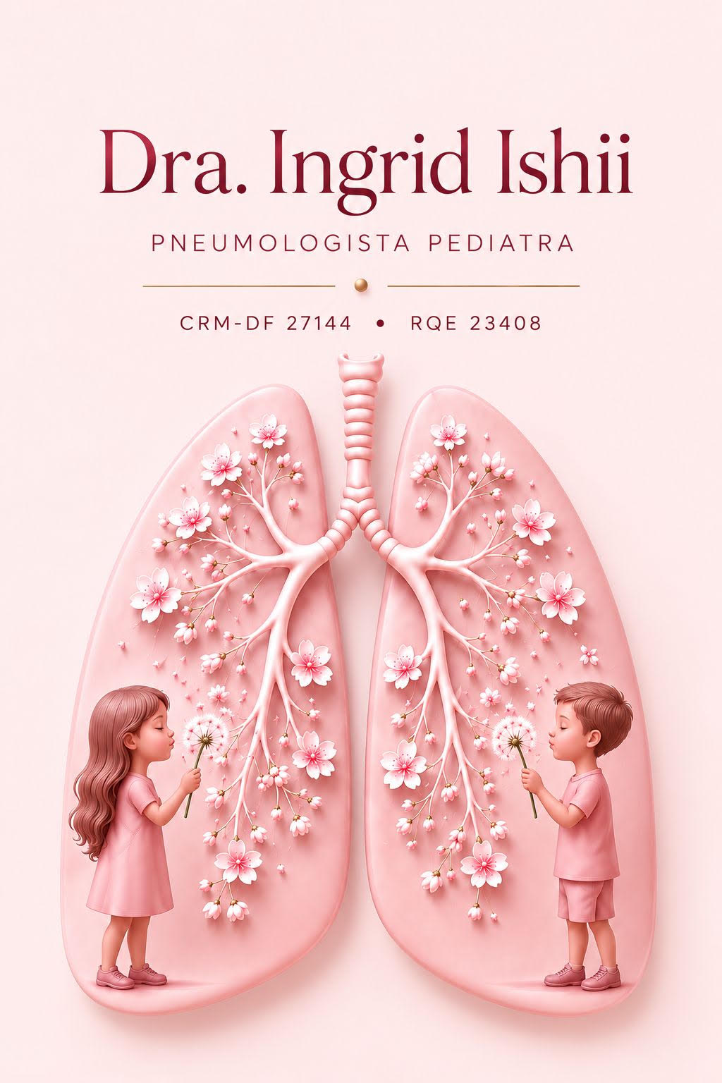 Identidade visual da Dra. Ingrid Ishii, em bordô e rosa, com ilustração de pulmões e flores